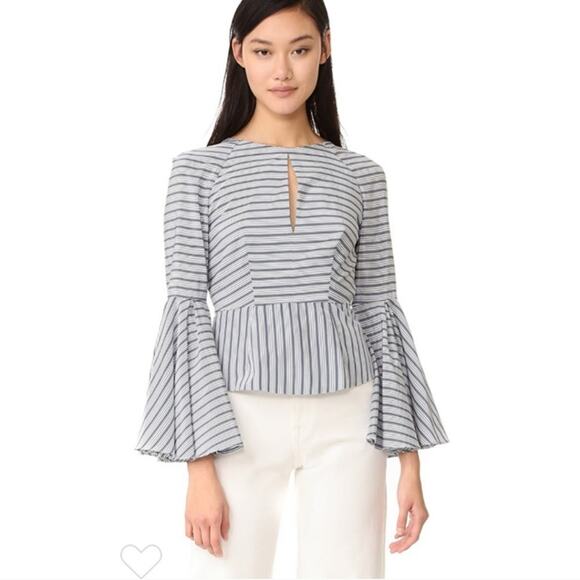 Milly size 2 silk blend bell sleeve blouse open back blue white stripes - Picture 2 of 9